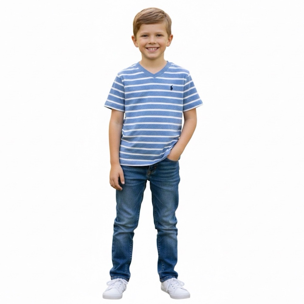 Polo Ralph Lauren Blue Striped V-Neck T-Shirt Youth Boy Medium Size 10-12 Years